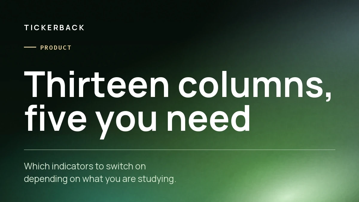 Portada del artículo sobre fondo verde con la marca Tickerback, la sección Producto y el rótulo «Thirteen columns, five you need».