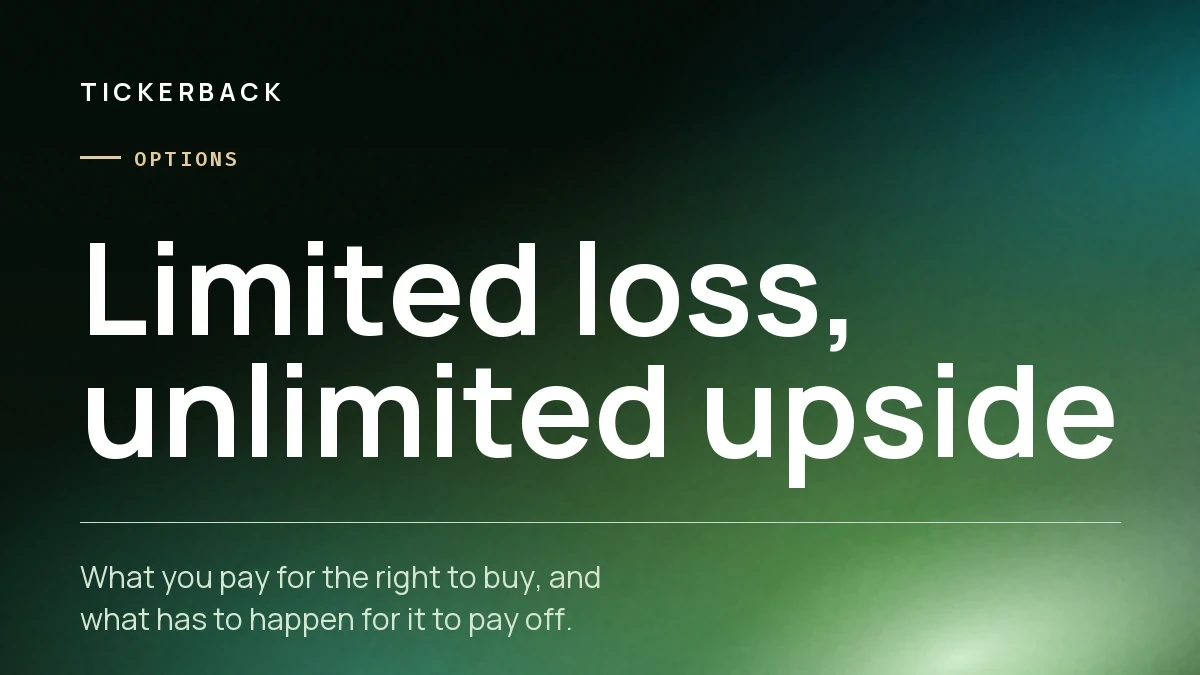 Portada del artículo sobre fondo verde con la marca Tickerback, la sección Opciones y el rótulo «Limited loss, unlimited upside».