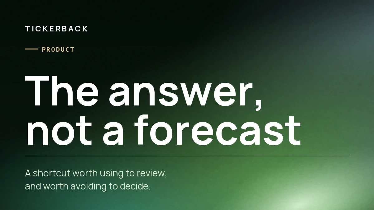 Portada del artículo sobre fondo verde con la marca Tickerback, la sección Producto y el rótulo «The answer, not a forecast».