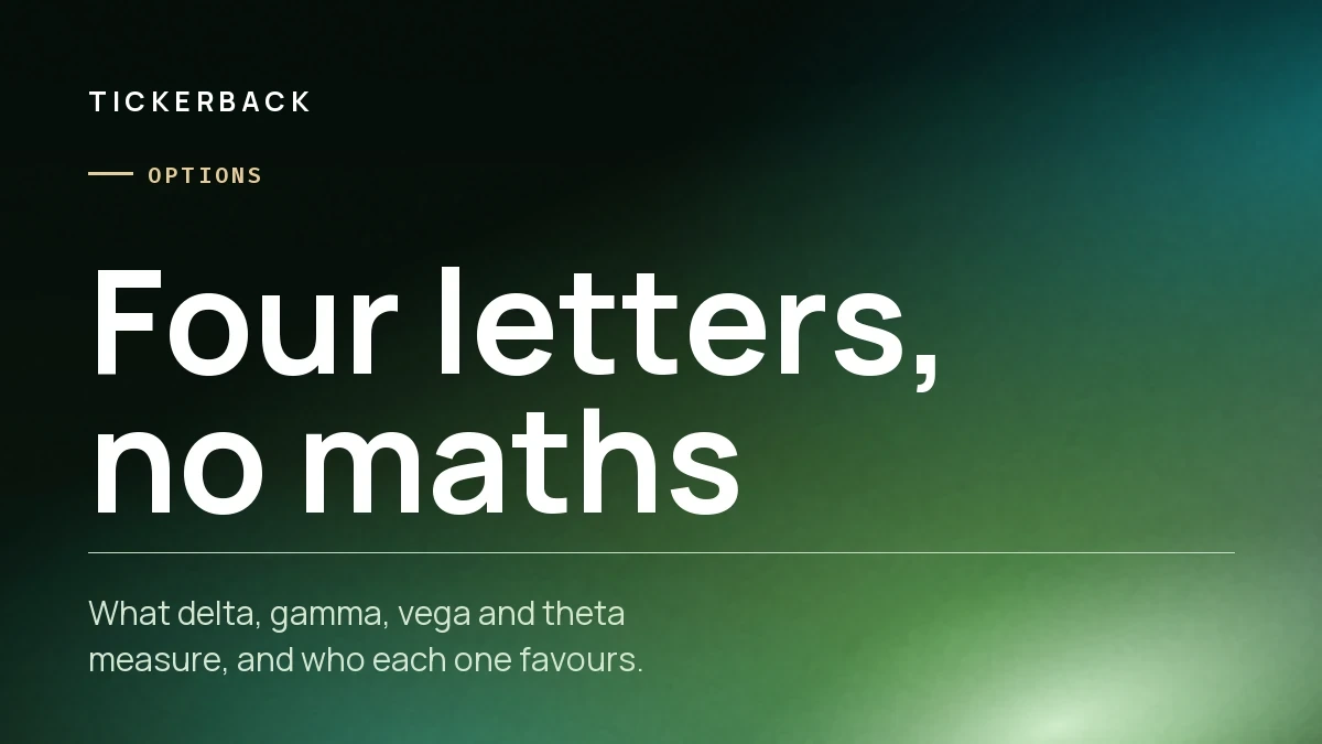 Portada del artículo sobre fondo verde con la marca Tickerback, la sección Opciones y el rótulo «Four letters, no maths».