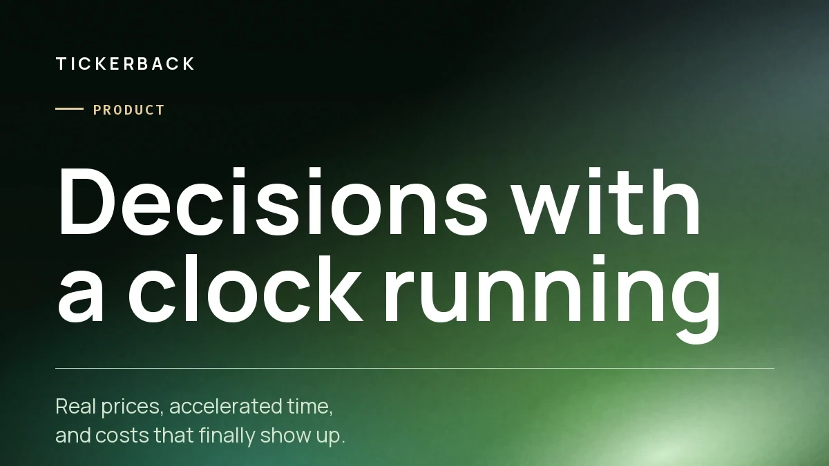 Portada del artículo sobre fondo verde con la marca Tickerback, la sección Producto y el rótulo «Decisions with a clock running».
