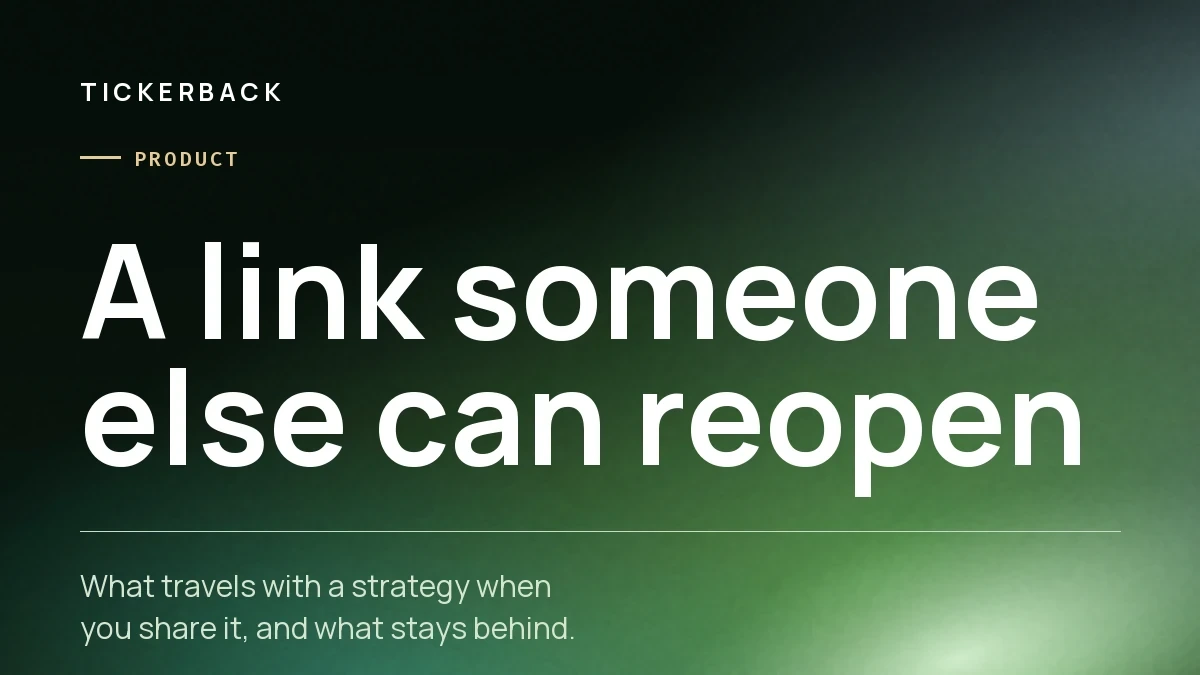 Portada del artículo sobre fondo verde con la marca Tickerback, la sección Producto y el rótulo «A link someone else can reopen».