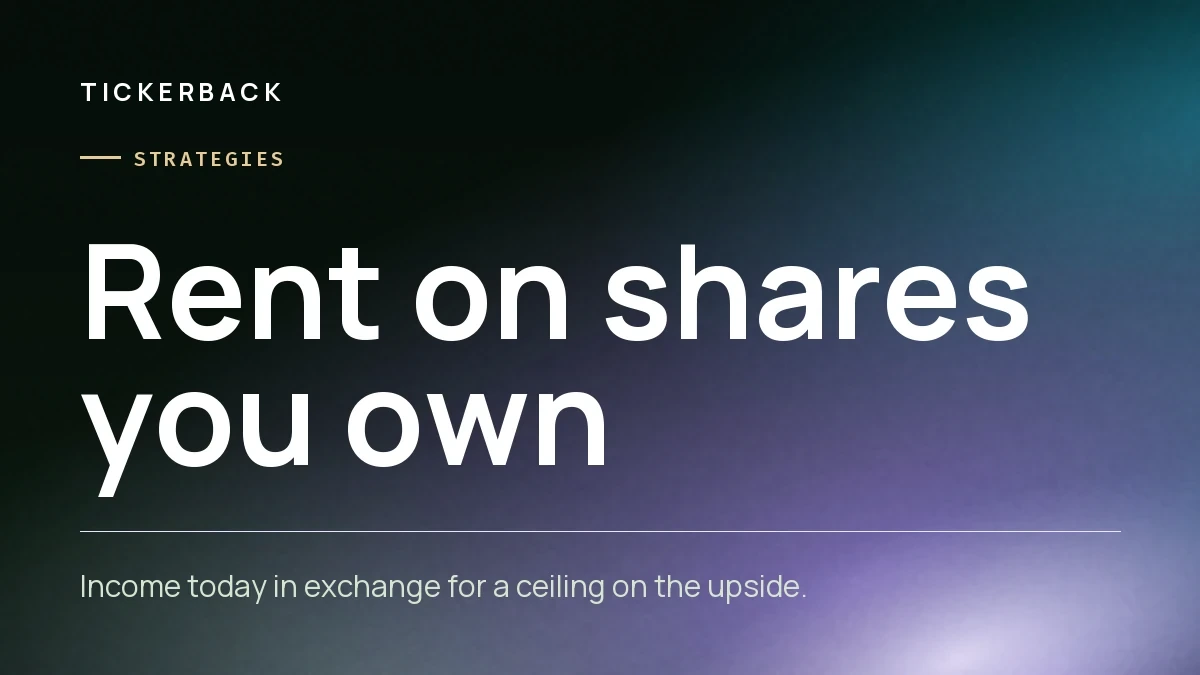 Portada del artículo sobre fondo lila con la marca Tickerback, la sección Estrategias y el rótulo «Rent on shares you own».