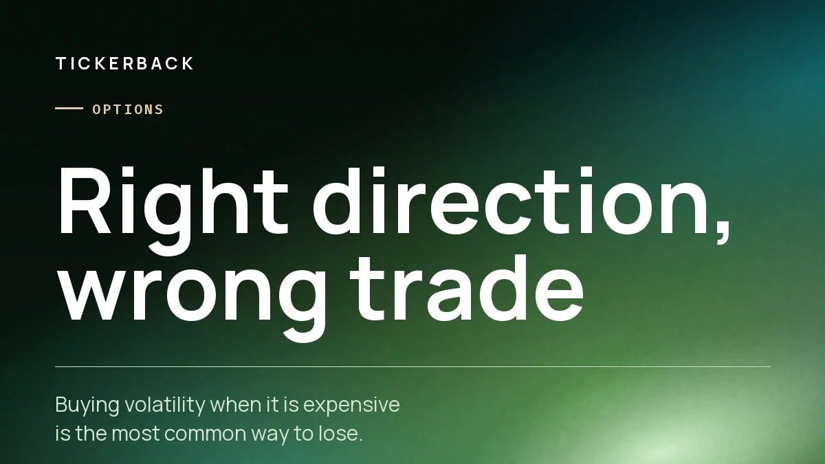 Portada del artículo sobre fondo verde con la marca Tickerback, la sección Opciones y el rótulo «Right direction, wrong trade».