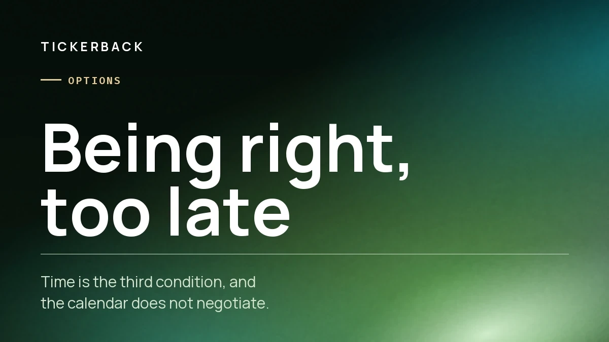 Portada del artículo sobre fondo verde con la marca Tickerback, la sección Opciones y el rótulo «Being right, too late».