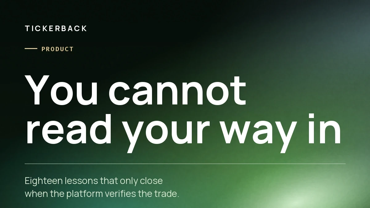 Portada del artículo sobre fondo verde con la marca Tickerback, la sección Producto y el rótulo «You cannot read your way in».